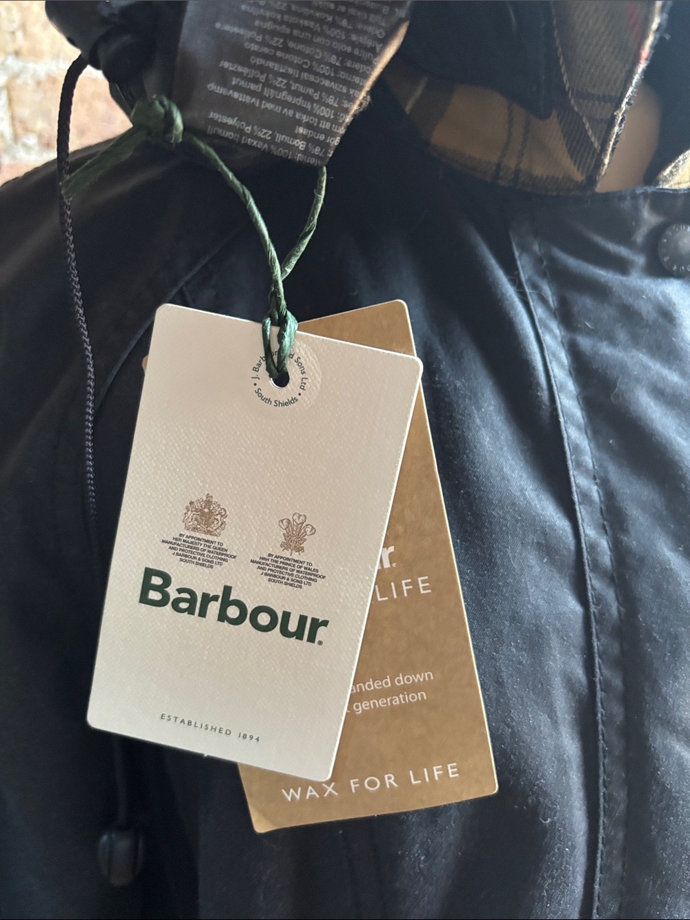 Barbour Navy Hooded Wax Jacket with Tartan Trim - Picture 5 of 6
